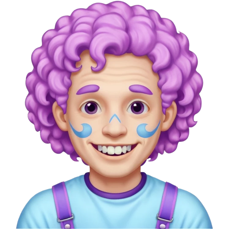very cheerful colorful puffy violet curly haired man made out of cotton candy wearing teeth-braces and excessive face tattoos just face  emoji