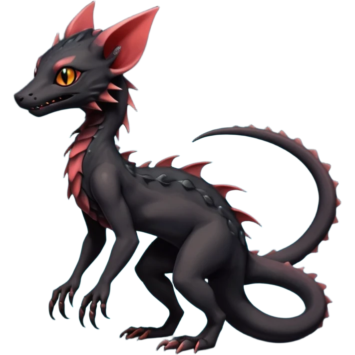 Futuristic Black Dark Abyssal Ethereal Modern Amaura-Salandit-Bayleaf-Abyss-Lykoi-Fakémon-creature-hybrid Full Body emoji