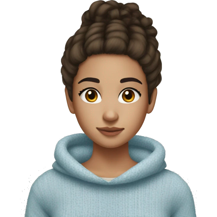 teenage girl, hispanic, freckles, afro brown hair, pony tail, short hair, brown eyes, light blue sweater, winter sweater, freckles emoji