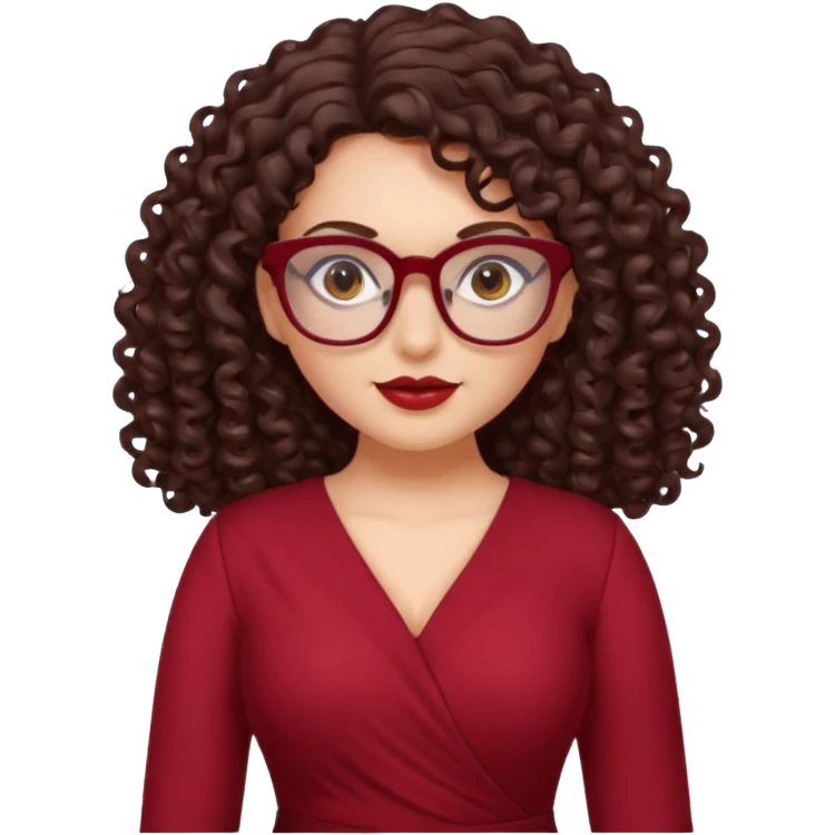 brunette , curly long hair , gray eyes , dark red glasses , curvy emoji