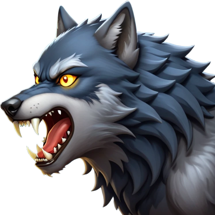 cinematic-noble-fierce-werewolf-howling-portrait-emoji, poised-and-imposing, with a fierce wolfish face tilted upwards in a haunting howl, glowing eyes full of primal ferocity, sharp, elongated fangs bared, and a rugged snout, fur rippling in shades of midnight black and silver, muscles tensed as the powerful howl echoes beneath the moonlit sky; rendered with realism, capturing the raw, untamed power of the beast in its wild, primal state emoji