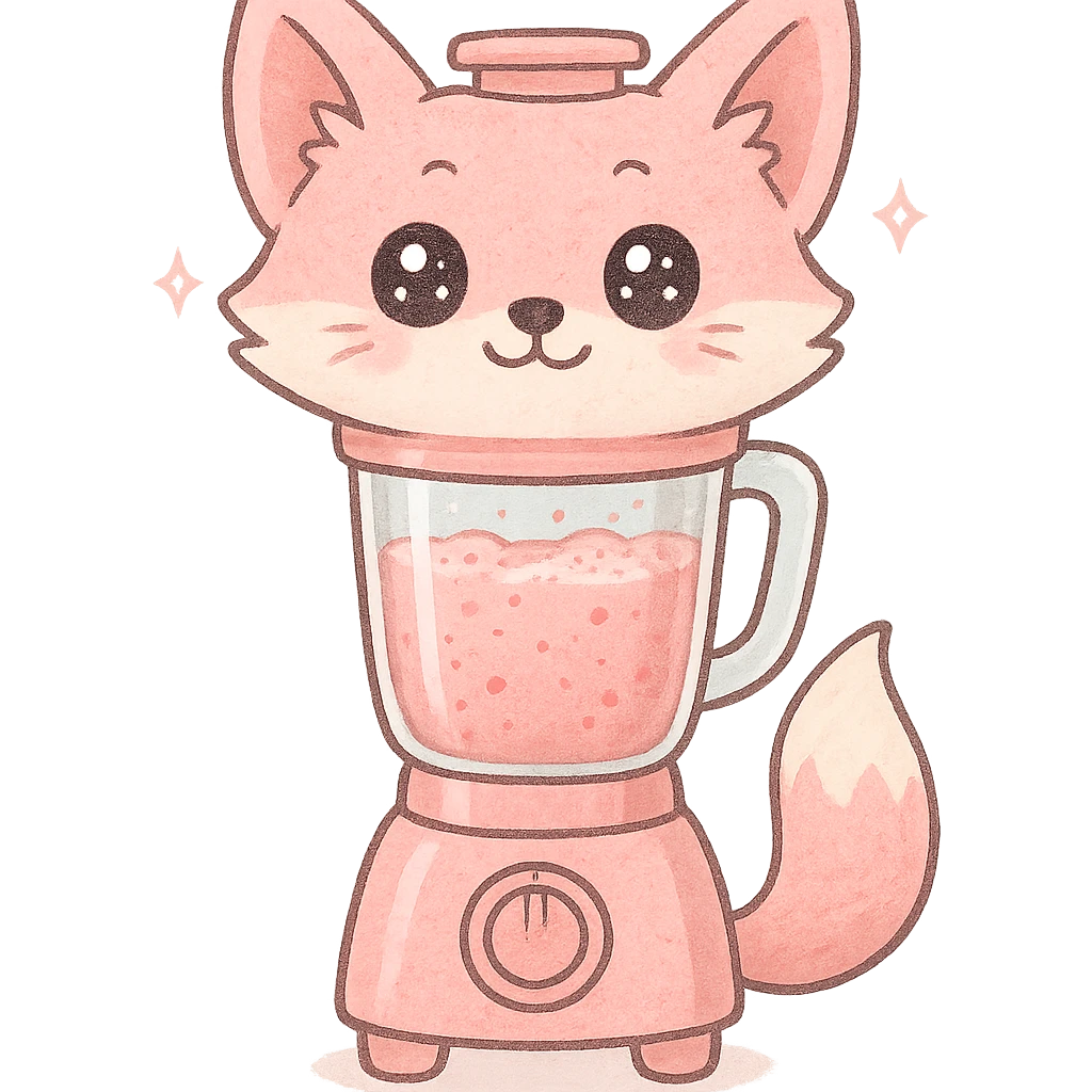 full-body pastel pink fox shaped like a blender with transparent body showing a fruity smoothie inside, sparkling eyes, transparent background emoji