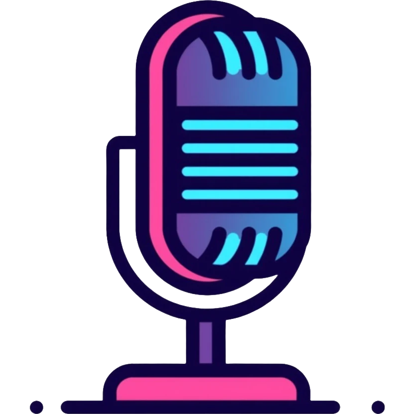 desktop studio microphone in profile view with neon glow effect, blue and purple neon glow on top left, pink neon glow on bottom right emoji