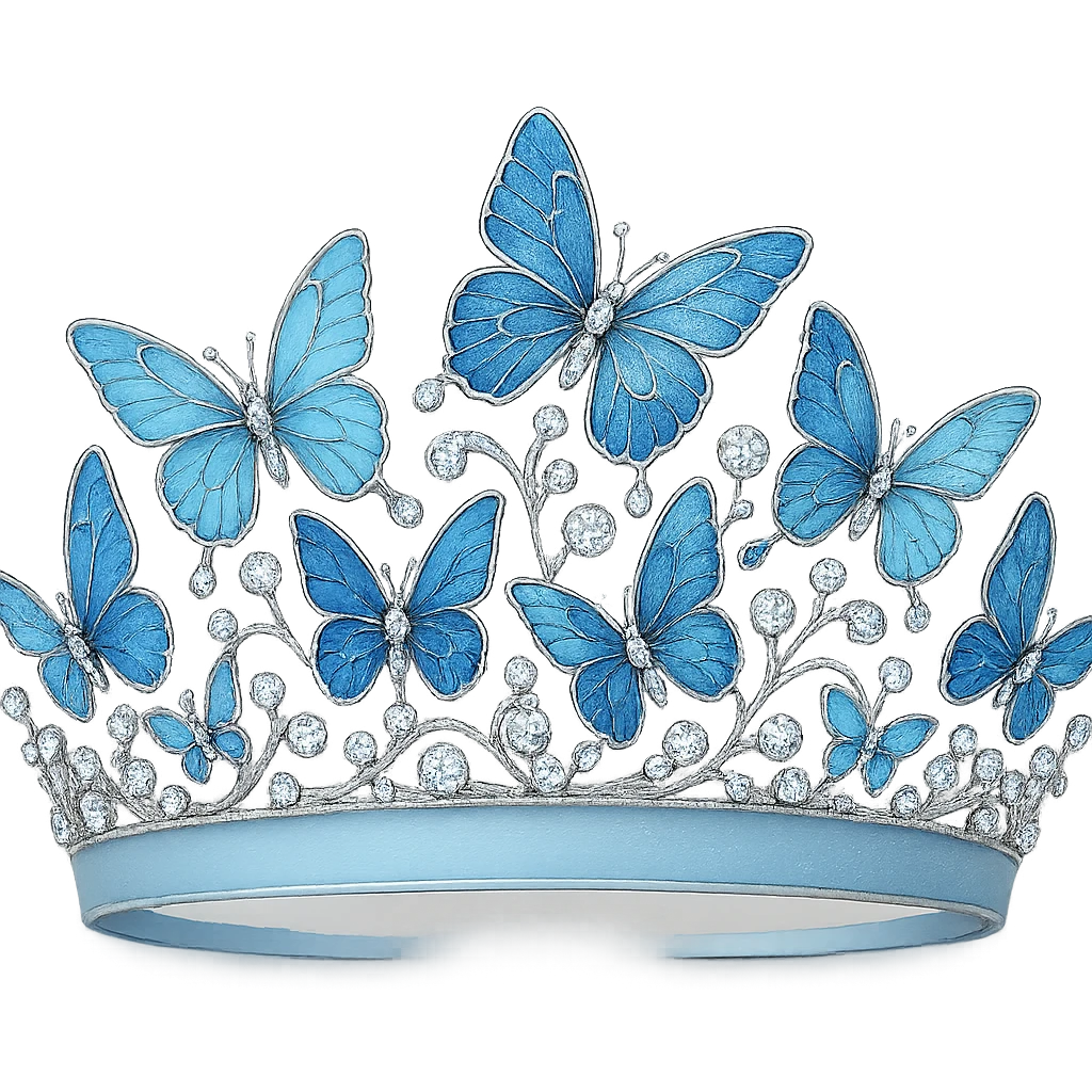 butterfly crown with a soft blue base, butterflies in light and dark blue enamel, sparkling gems emoji