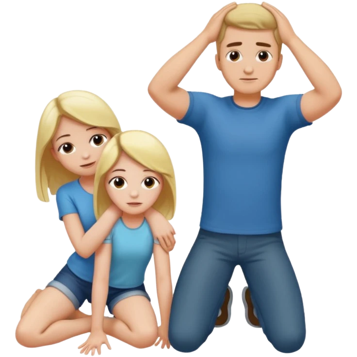 girl on her knees in front of a man standing with him arms behind his head emoji