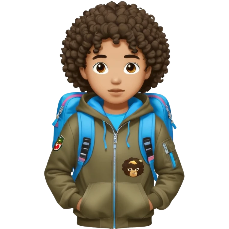 blasian teenager with curly hair, andbape hoodie and sprayground backpack emoji