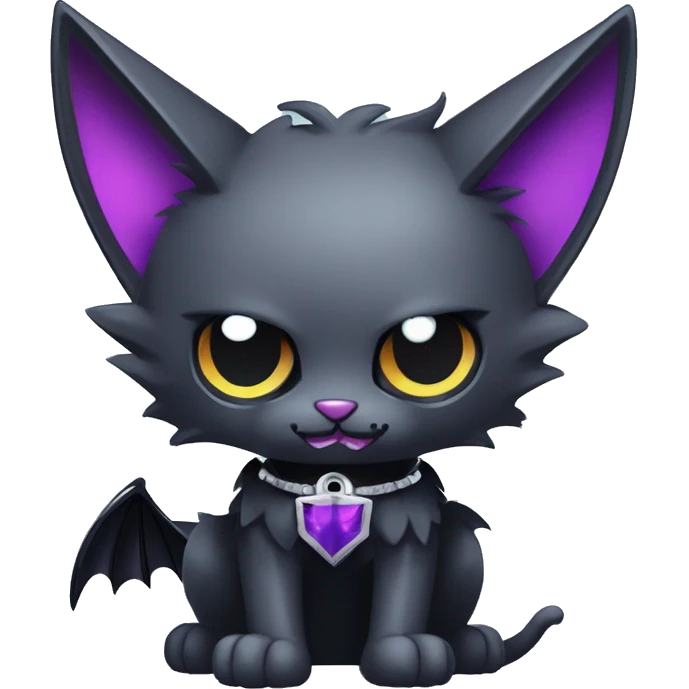   cool edgy kawaii ethereal dark-punk-themed animal vampiric cat-hybrid Fakemon with fangs and bat-wing-ears with a collar full body emoji