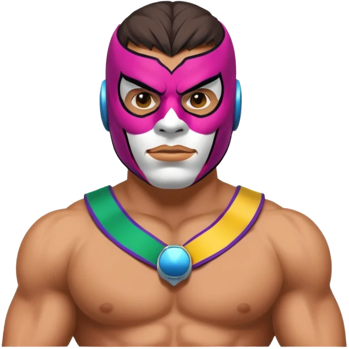 Mexican wrestler portrait, head and shoulders only, colorful luchador mask, muscular collar, confident expression, 3D cartoon, mobile game icon style, clean background, no text, no watermark
 emoji