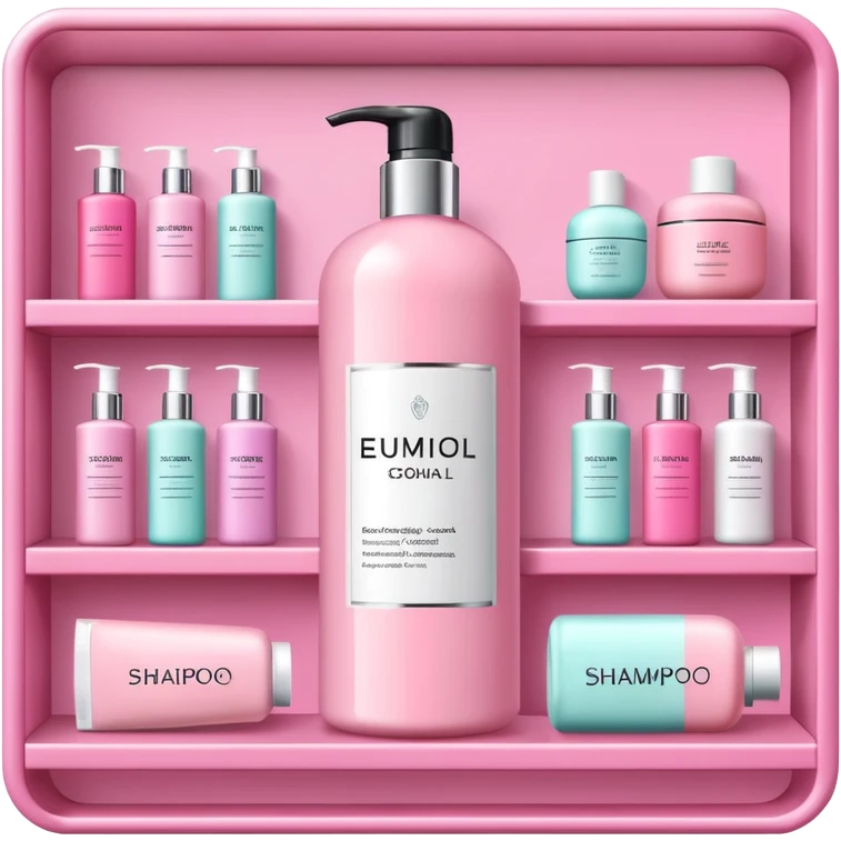 products on a shelf, there are Shampoo bottle, color tube, and conditioner on a pink shelf, the products are luxury brand-labeled and have nice packaging emoji