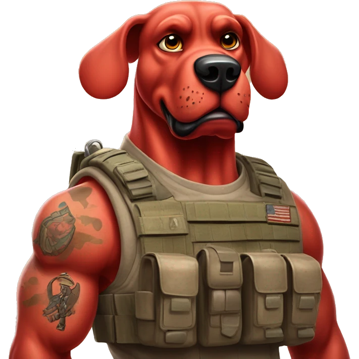Desert storm Clifford the big red dog muscular with tattoos on arms book illustration humanoid as a military call of duty character standing alone emoji