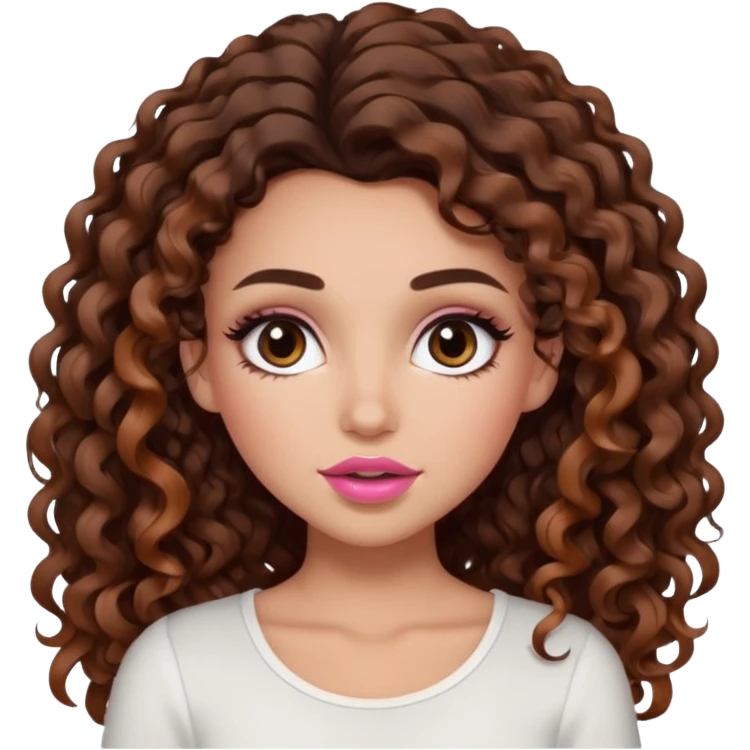 white girl with long voluminous dark brown curly hair with caramel highlights wearing a white top. Blush on the cheeks and big eyelashes and a brown-pink lip combo  emoji