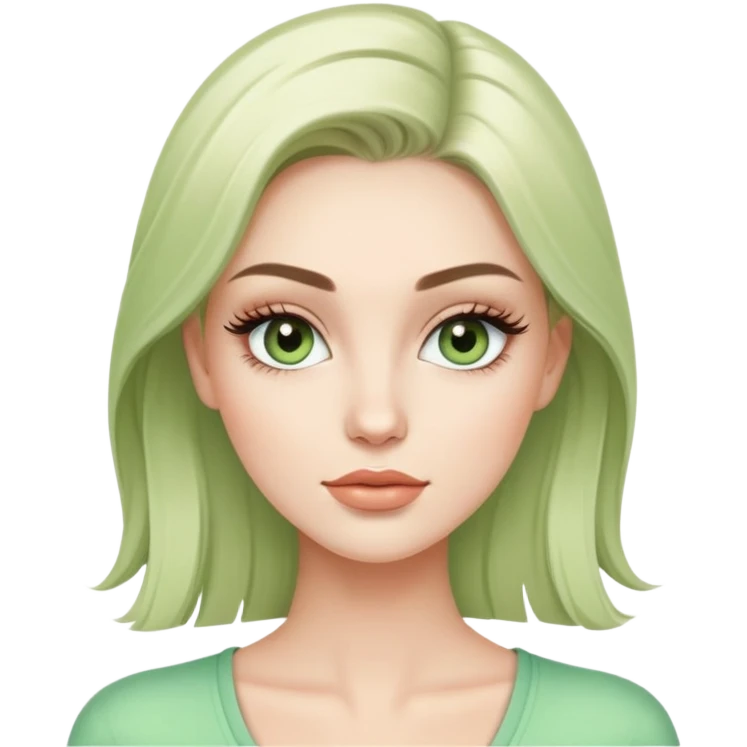 white female fashion model with light green top and lush long eyelashes, beautiful face emoji