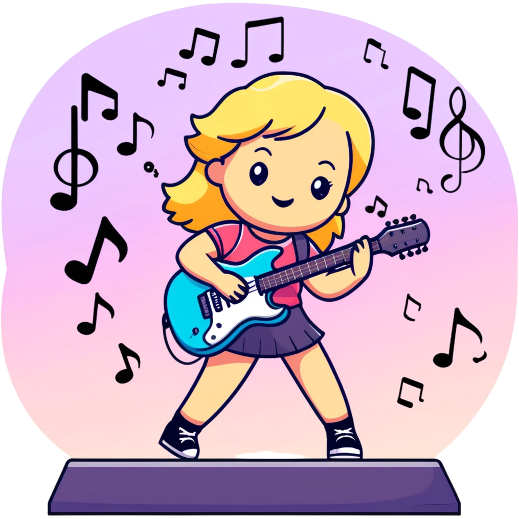 cute blonde girl playing guitar on a stage, music notes floating, colorful lights emoji