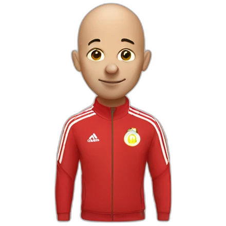 Bald man in red Adidas training suit with clown hair and nose emoji