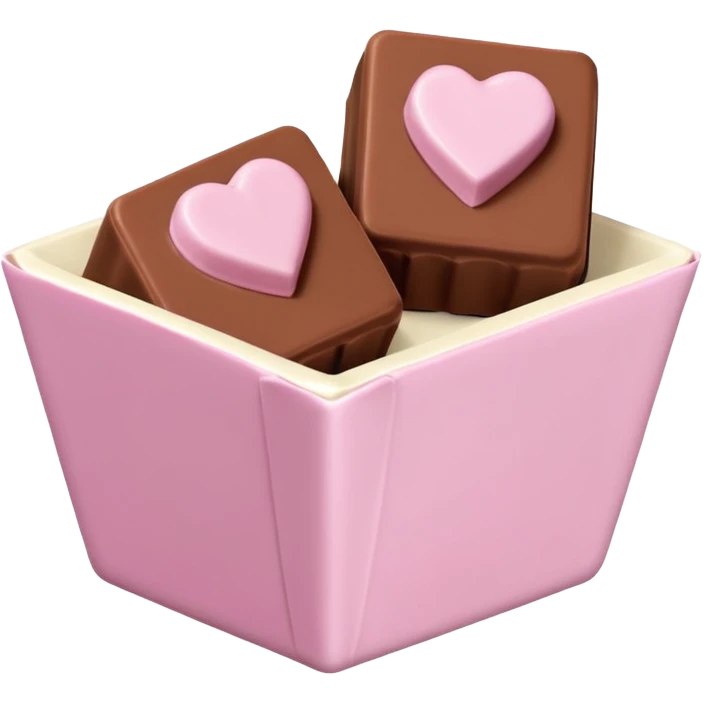 Two square milk chocolate pralines, Each praline is a sharp-edged cube with smooth glossy chocolate coating, placed in a small white fluted paper candy cup. On top of each cube is a flat pastel pink heart-shaped icing emoji