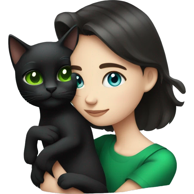 Blue-eyed brunette girl hugging black cat with green eyes emoji