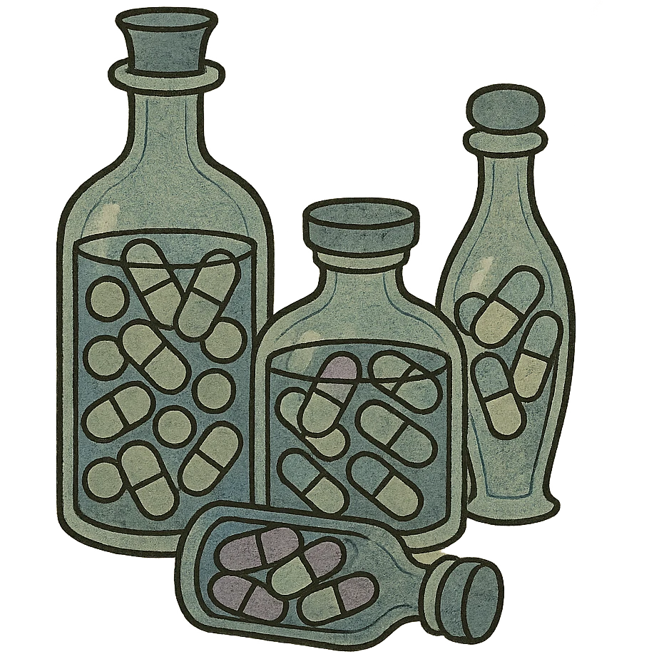 glass Bottles of medicine pills all of different colours emoji