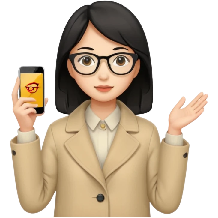 asian young woman black-haired in beige coat with glasses emoji