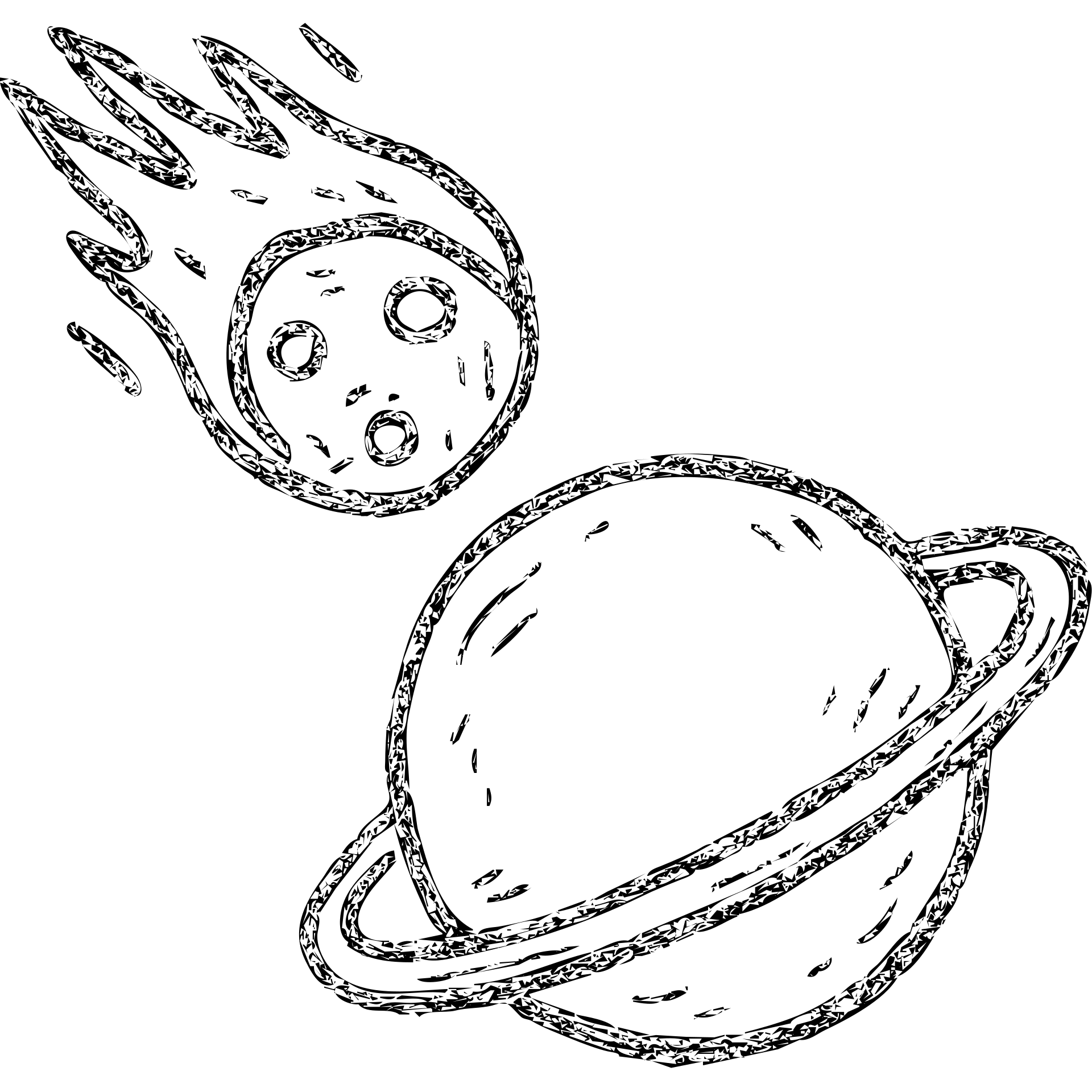 minimalist hand-drawn outlined icon of a meteor and planet, worn distressed effect emoji