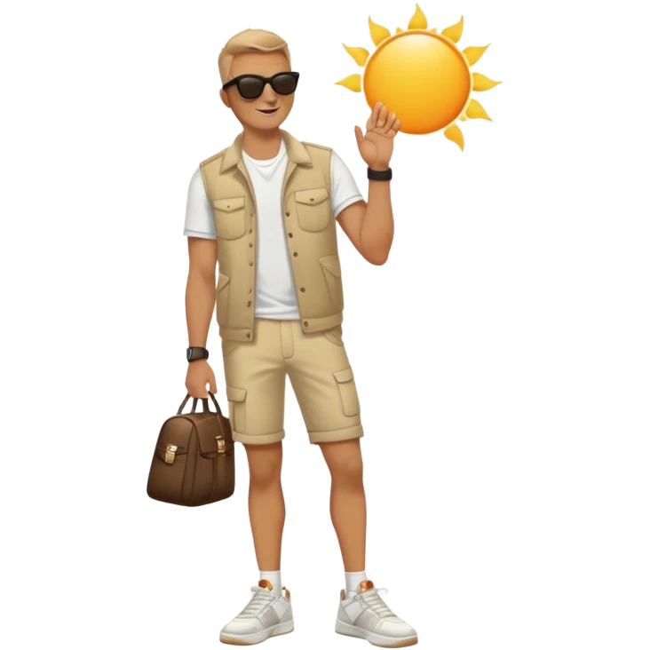 Man standing confidently, wearing Jordan’s with sunglasses, one hand touching the glasses, the sun reflecting off of them. The other hand is on his hip, admiring his shoes emoji