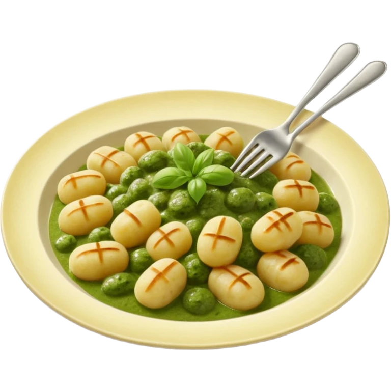 Gnocchi Cinematic Realistic Gnocchi Dish Emoji, depicted as tender oblong potato gnocchi garnished with iconic fork marks on top, rendered with soft textures and warm, inviting lighting. add green pesto sauce emoji