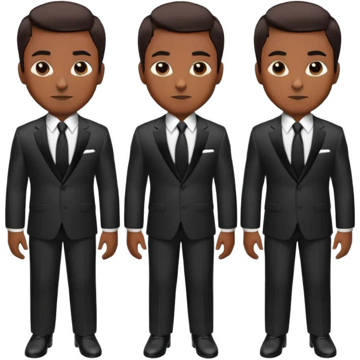 A full-body digital illustration of a Black man wearing a well-fitted dark suit, white dress shirt, and a black tie. He has short, neatly groomed hair and a confident yet approachable expression. Multiple identical versions of this man are standing side by side in a row, each in a different pose. emoji