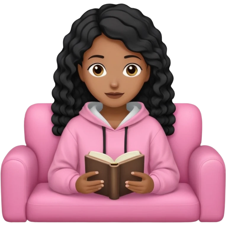 Una chica linda de cabello negro con ondas hasta los hombros de piel blanca con una sudadera rosa en un sofá cómodo y hermoso leyendo la biblia emoji