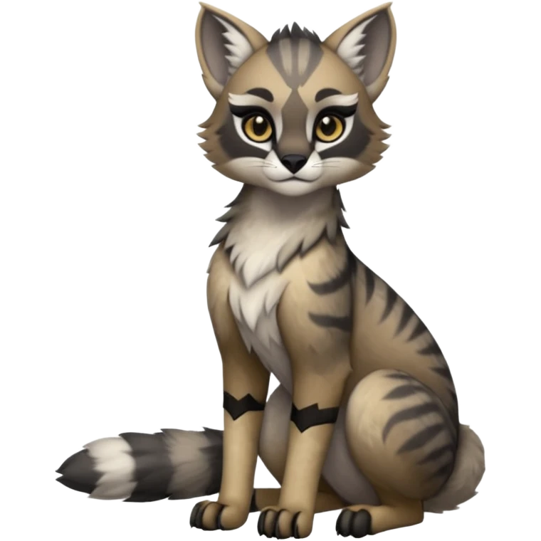 Cute kawaii cool edgy badass  ashen grey fur with smoky charcoal ombré fade fantasy-caracal-civet-genet-sergal-vernid-Gryphon-Cacomistle-Trico-oncilla-animal-Fakémon-hybrid-fursona (full body), facial markings, (realism style) emoji