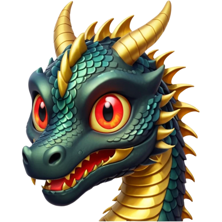 The image depicts a dragon resembling the dragon symbol from ancient Japanese mythology, combining the colors gold and black. It is bright and shiny, with clear colors, and the background of the image is transparent. The dragon embodies these colors, has red eyes, and is complete. emoji