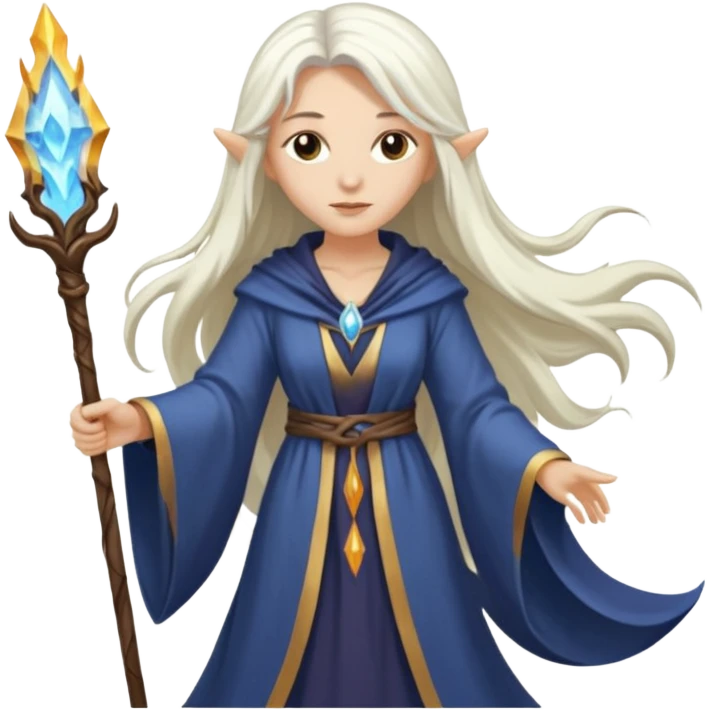 White Long Haired Women, Sorceress with staff — flowing white hair, calm face. emoji