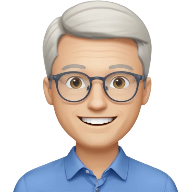 30 yr old pale white man, white/grey side swept stylish hair, round glasses, big smile, white teeth, handsome, longer hair, thin glasses, blue dress shirt emoji