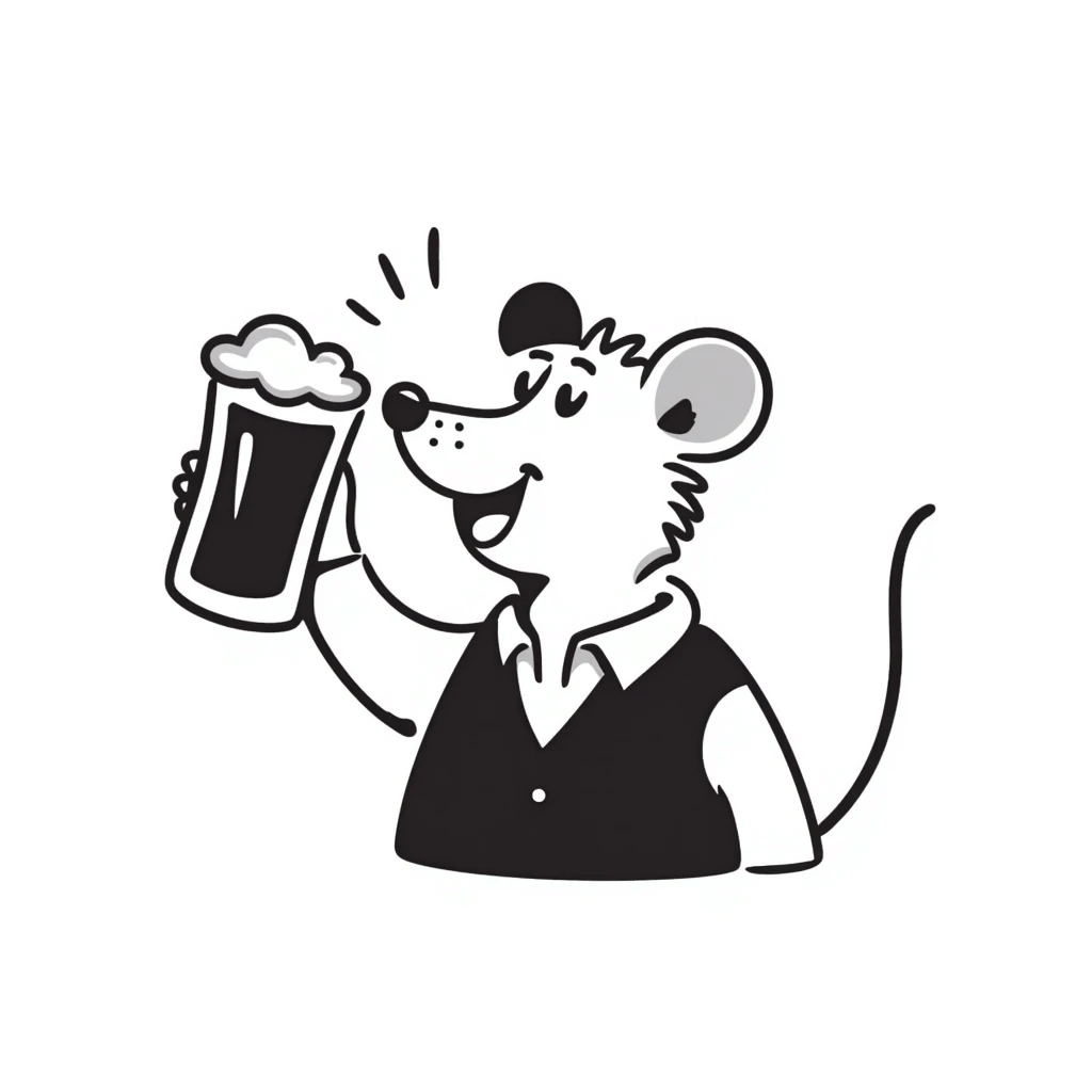 Hand-drawn mouse character toasting with a beer mug emoji