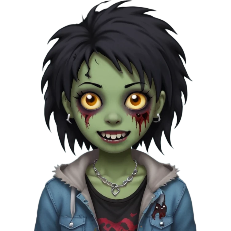 girl, zombie, black coily hair, medium long, emo, shaggy, dark, spooky,double eyebrow dermal piercing, cute illuminous smile emoji