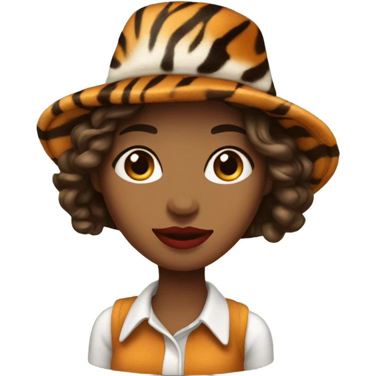 woman with brown long hair and tiger hat, red lips emoji