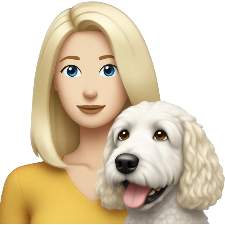 White lady with shoulder length blonde straight hair and blue eyes and her white golden doodle dog emoji