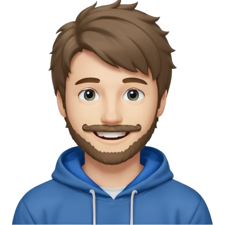 20 year old man, short scruffy beard and thin moustache, brown puffy mullet, blue eyes, big smile, white teeth, big lips, pronounced jaw, hair longer in back, sticking up on top, thin face, grey hooded sweatshirt, pale skin, big smile, blue eyes, puffy hair that is long in back emoji