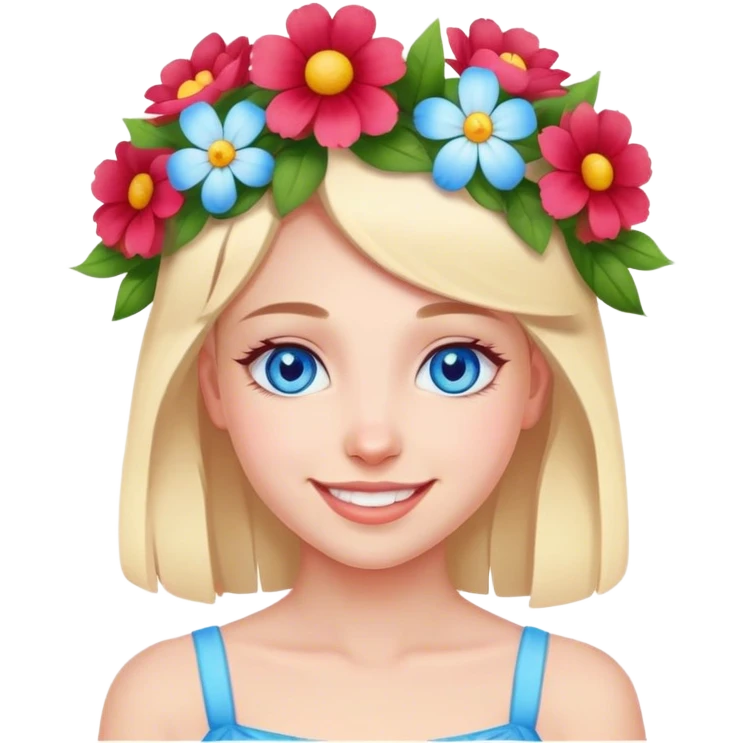 smiling girl with flowers on head with blue eyes emoji