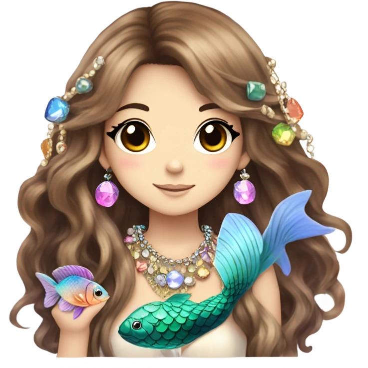 mermaid hime gyaru girl with fish scales, brown hair, jewerly emoji