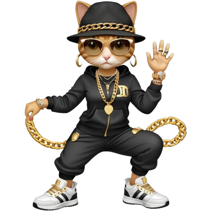 female cat wearing Run DMC hip-hop outfit with tracksuit, fedora, Adidas sneakers, dark sunglasses, many gold chains, rings, bracelets, flashy earrings, upright pose emoji
