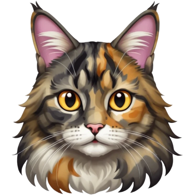 Maine coon black silver tortie et blanc avec une grosse tache noir sur un côté de la tête qui vient comme pour faire une moustache avec des couleurs assez vives  emoji