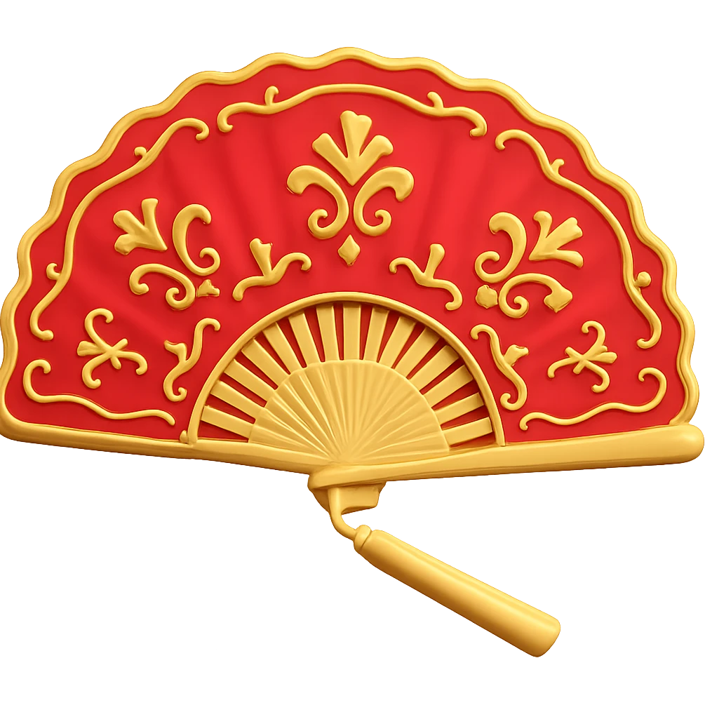 Add gold details to the red hand fan in the style of microsoft 3D fluent emojis. Keep the 3D emoji style with no background. emoji