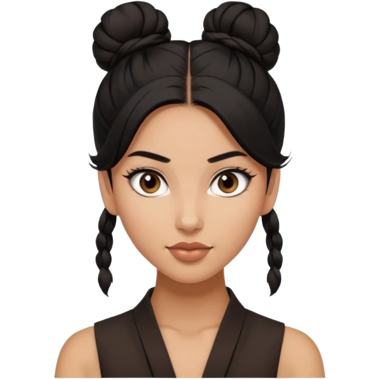 A woman in tan skin, black hair shoulder length tied in half bun, beautiful eyes and flirty gaze with masculine fashion emoji