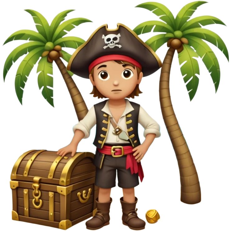 kid pirate with hand on forehead looking for something, one foot on treasure chest, palm trees in background emoji
