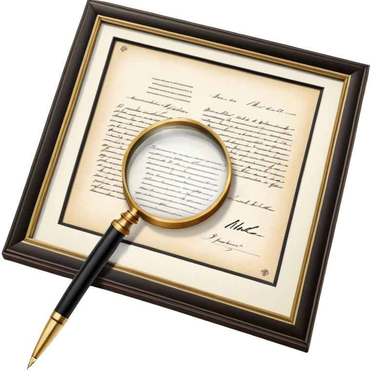 Icon for Autograph Collecting: a signed piece of paper or book page with a famous signature, surrounded by a pen, a magnifying glass, and a collection of framed autographs. Transparent background. emoji