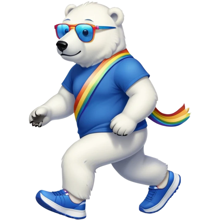 strong-looking friendly anthropomorphised polar bear walking with a confident stride, wearing a royal blue t-shirt, black pants, trainers, and colorful rainbow glasses emoji