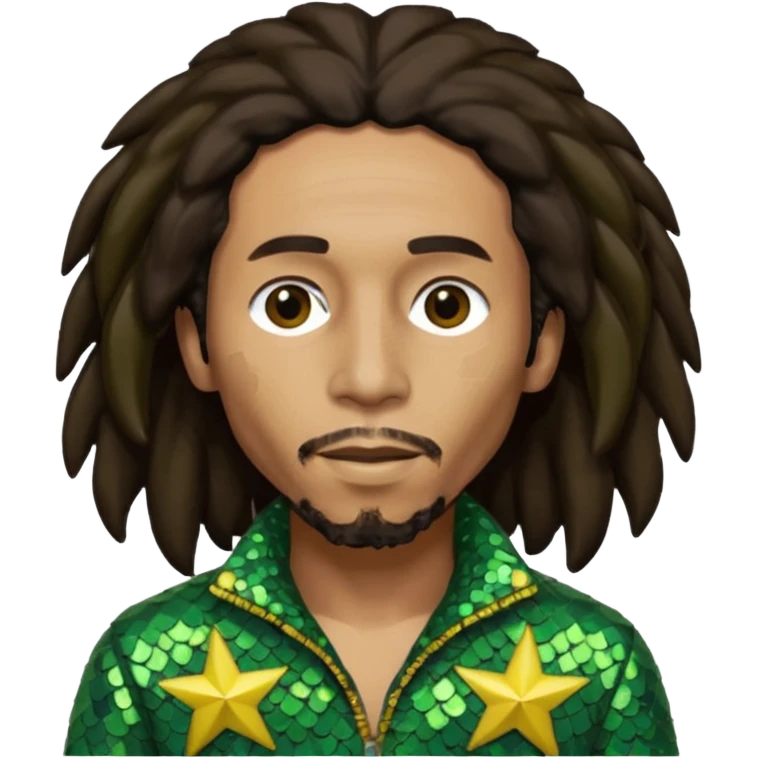 Bob Marley with long dark brown hair, olive sequin outfit emoji