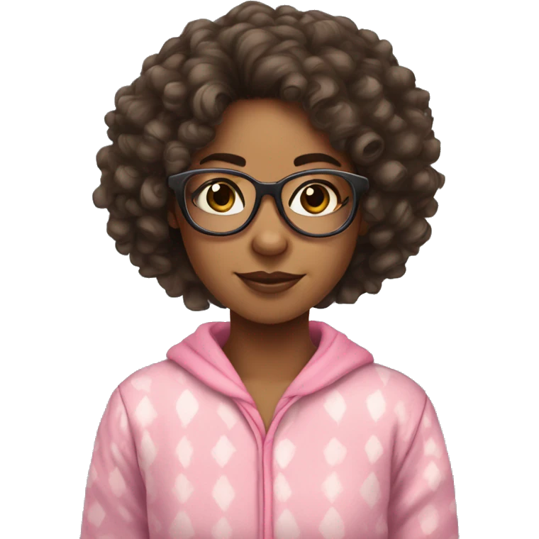 mixed girl with curly hair and glasses with fluffy pink pjs emoji