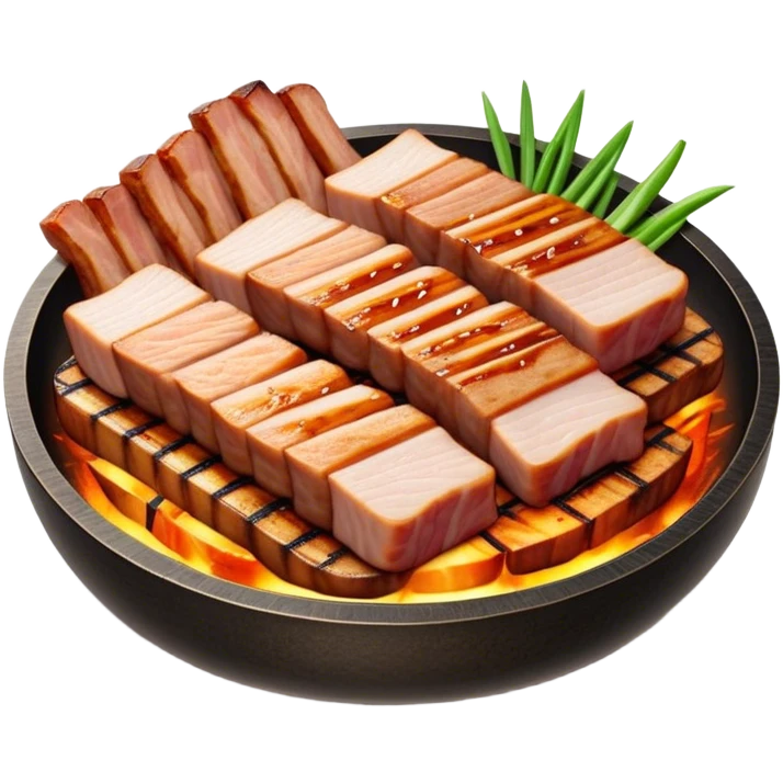 Cinematic Realistic Samgyeopsal Dish Emoji, depicted with sizzling, thick slices of pork belly grilled to perfection rendered with rich textures and warm, inviting lighting. emoji