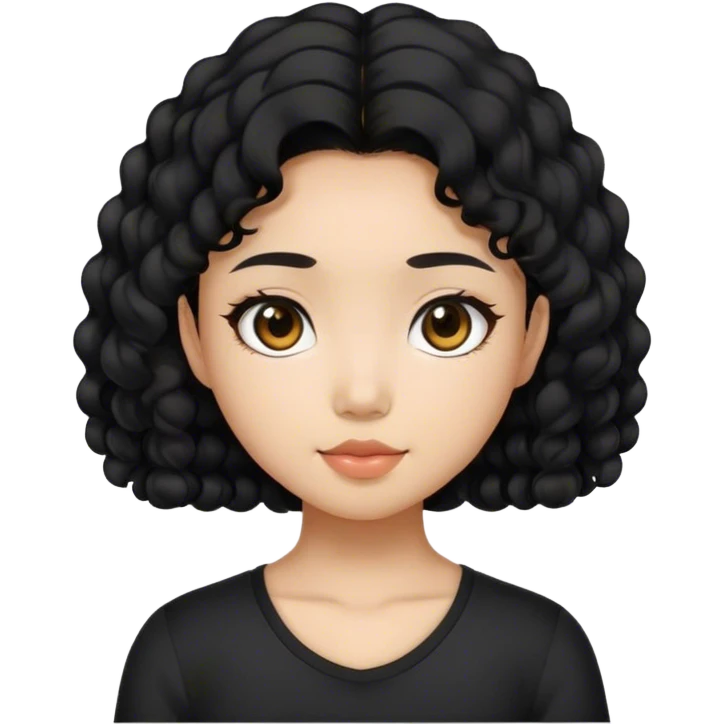 A Asian girl with a middle part, black curly hair, and wearing a black top emoji