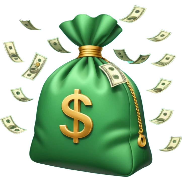 

3D emoji style, big bag of money, flying dollar bills, rich casino vibe, smooth lighting, high detail, clean edges, transparent background



 emoji